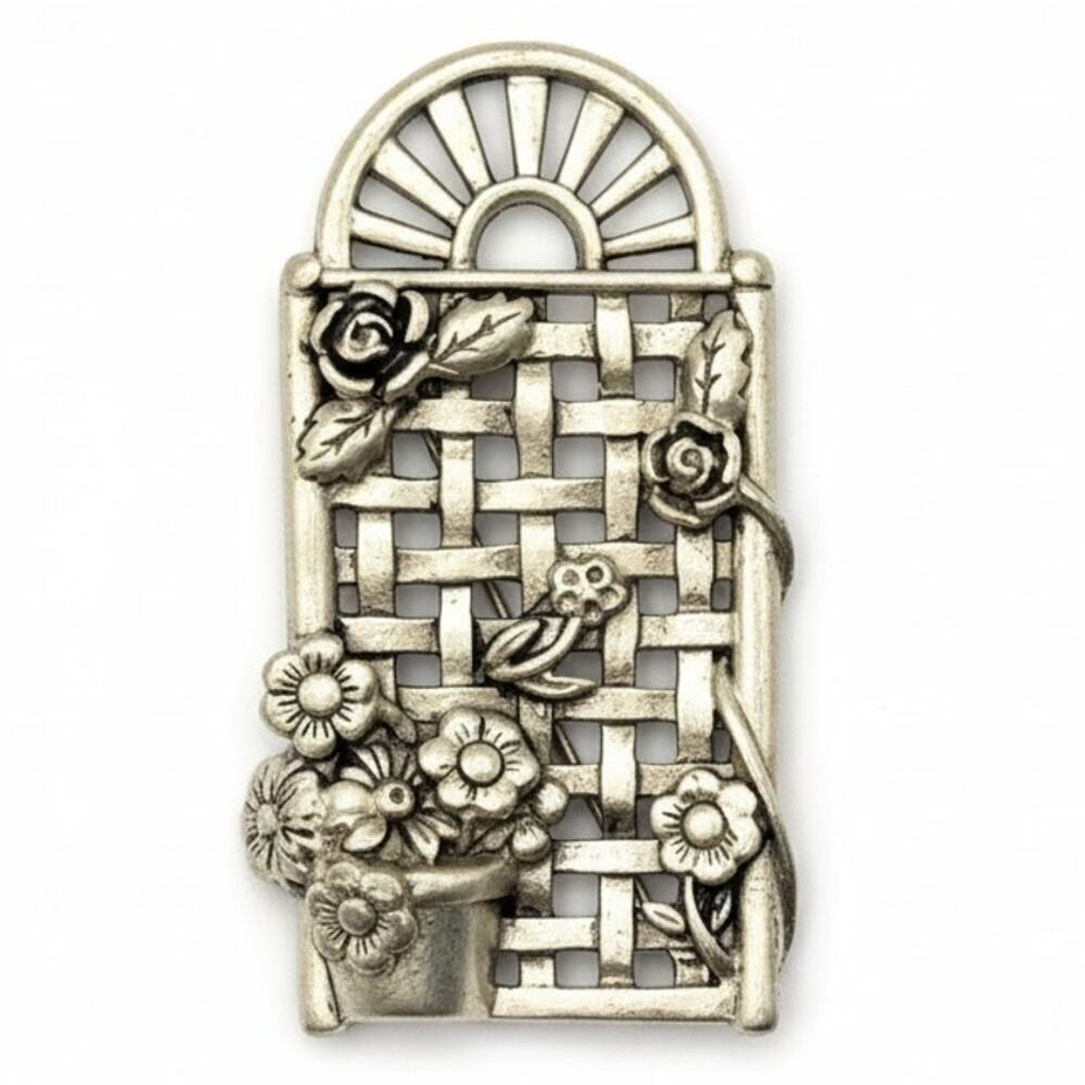 Vintage Danecraft Flower Garden Trellis Gate Brooch Pin Signed Silver Tone - Picture 2 of 8